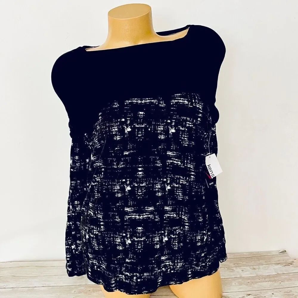 NWT Kensie Vintage XS Black & White Cowl Neck Geo-Print Long Sleeve Blouse Top